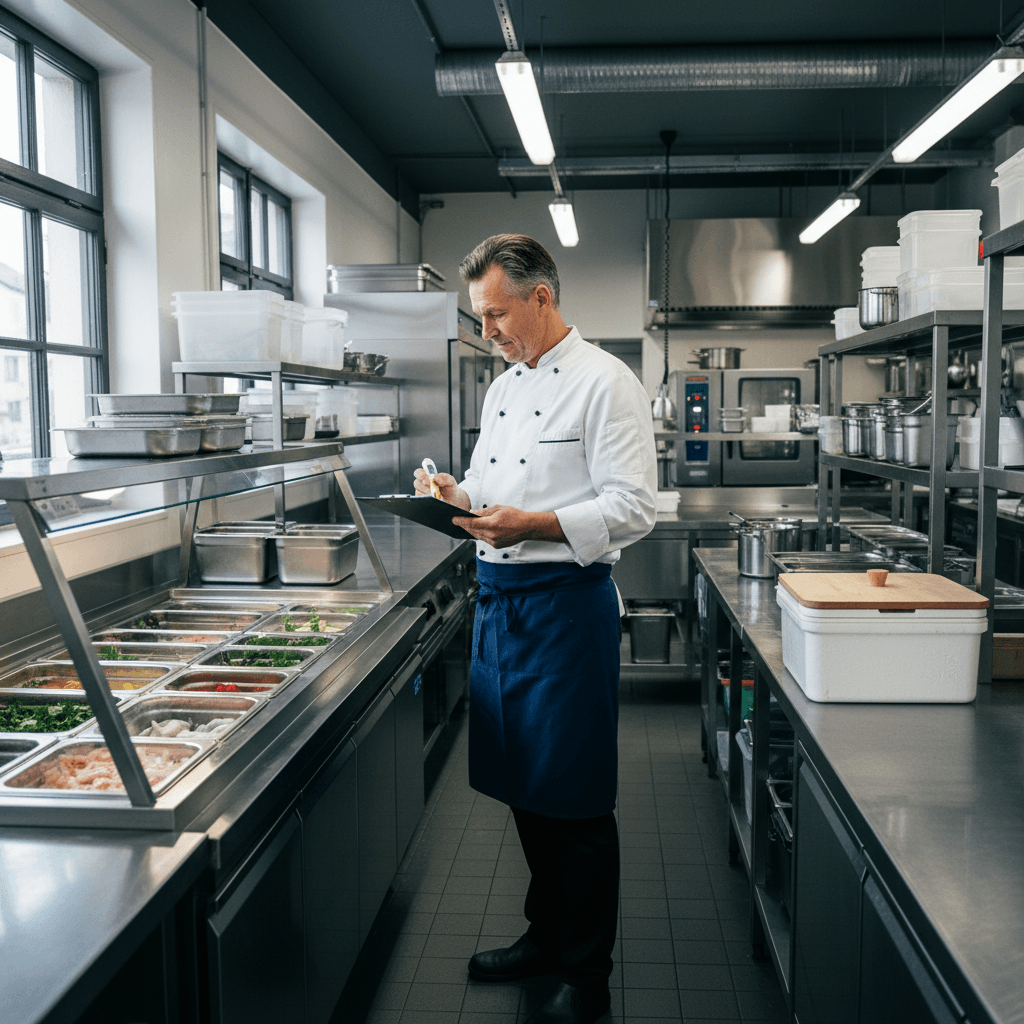 Kökschef som kontrollerar temperaturlogg i storkök