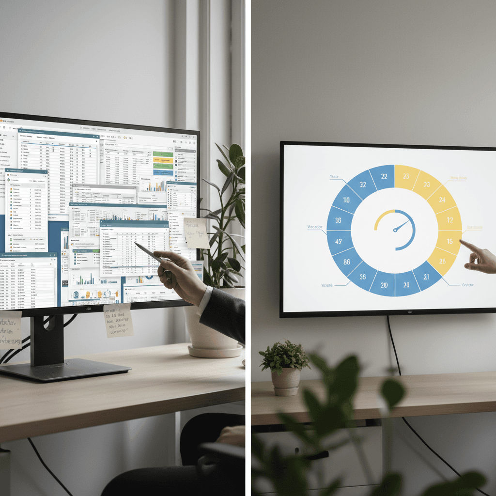 Kontorsarbetare frustrerad över Excel-kalkylark vs lättnad med digitalt årshjul