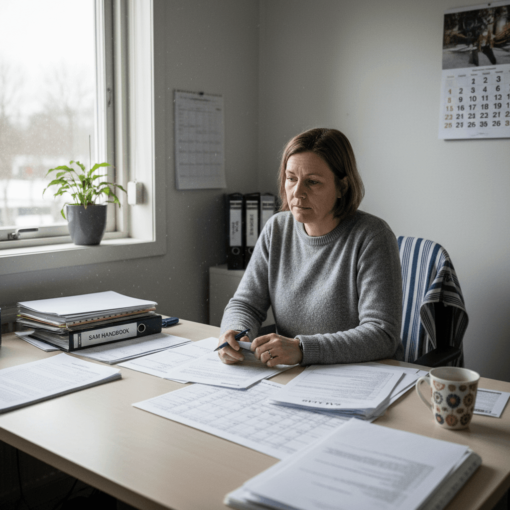 SAM-koordinator som granskar dokumentation för systematiskt arbetsmiljöarbete