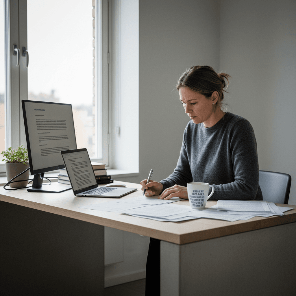 Legal compliance officer reviewing GDPR documentation in modern Scandinavian office