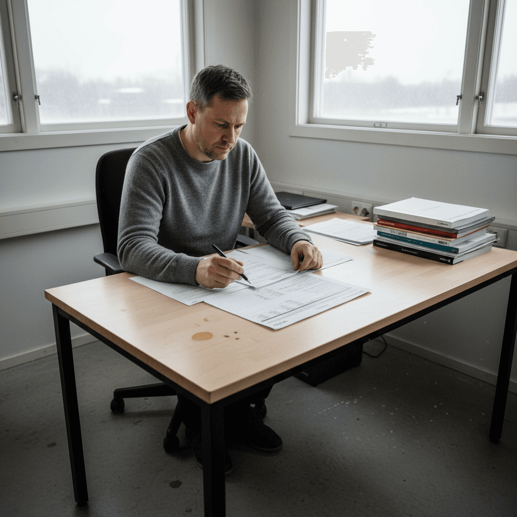 Fastighetsförvaltare som arbetar med teknisk planering i modernt kontor