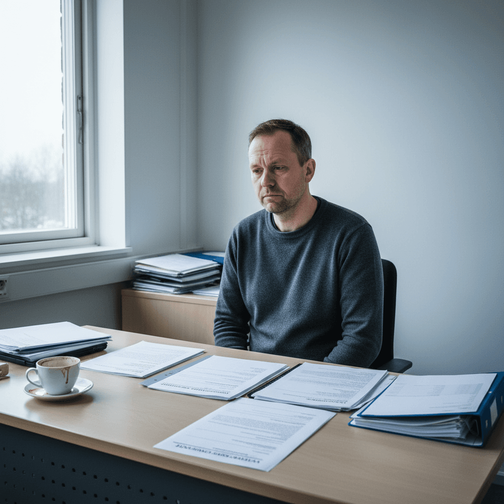 Fastighetsansvarig man som går igenom hälsoskyddsdokumentation i ljust skandinaviskt kontor