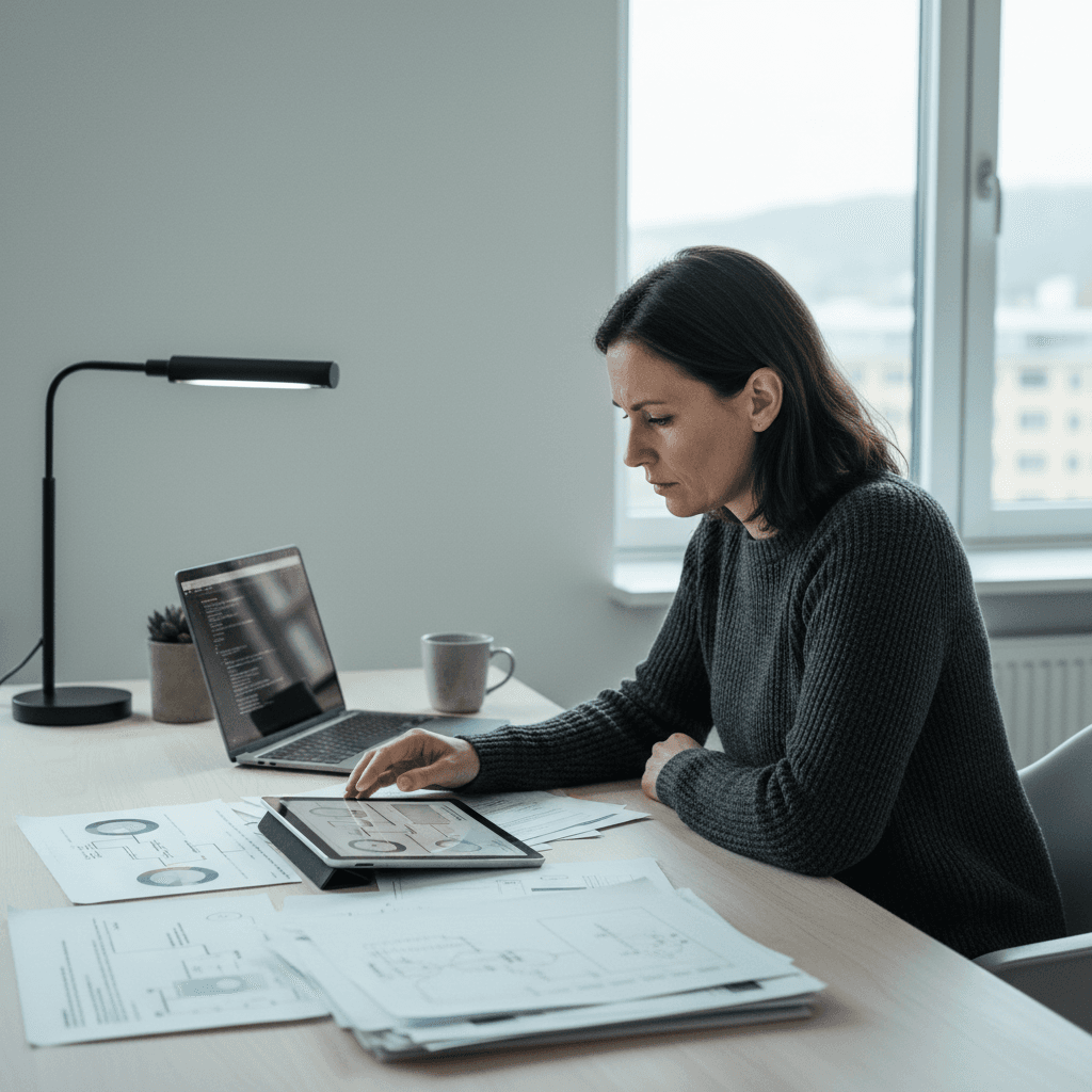 Företagare som planerar arbetstidsförläggning och semesterplanering med kalender och dokument på kontor