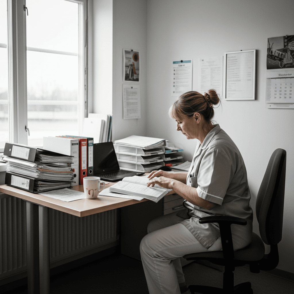 Sjuksköterska som granskar journaler och kvalitetsrutiner på äldreboende