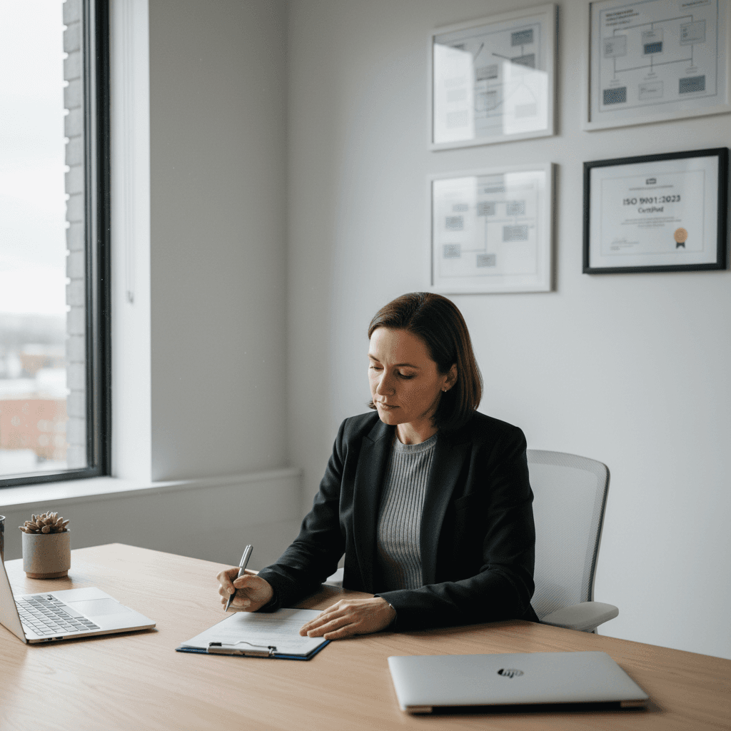 Kvalitetschef som granskar revisionsprotokoll och processkartor