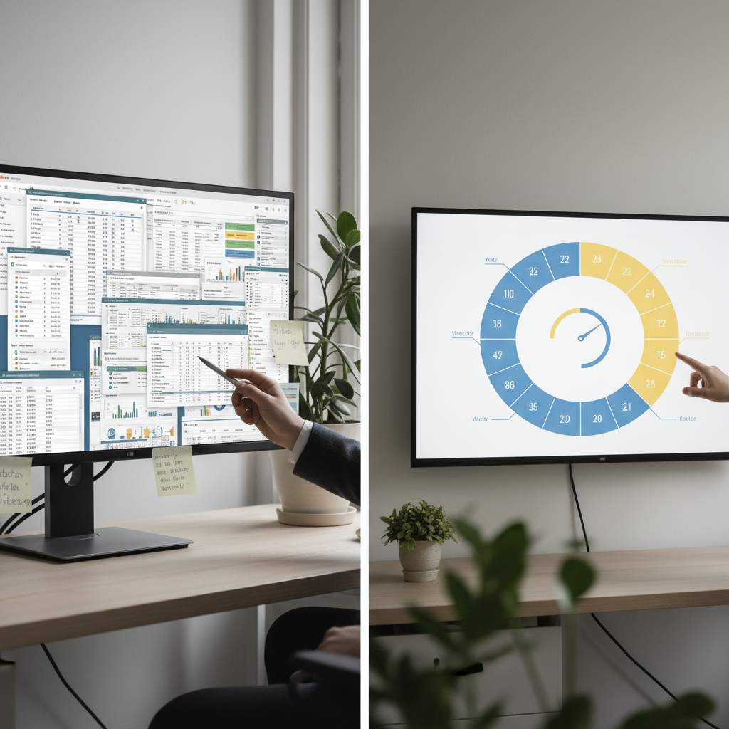 Kontorsarbetare frustrerad över Excel-kalkylark vs lättnad med digitalt årshjul