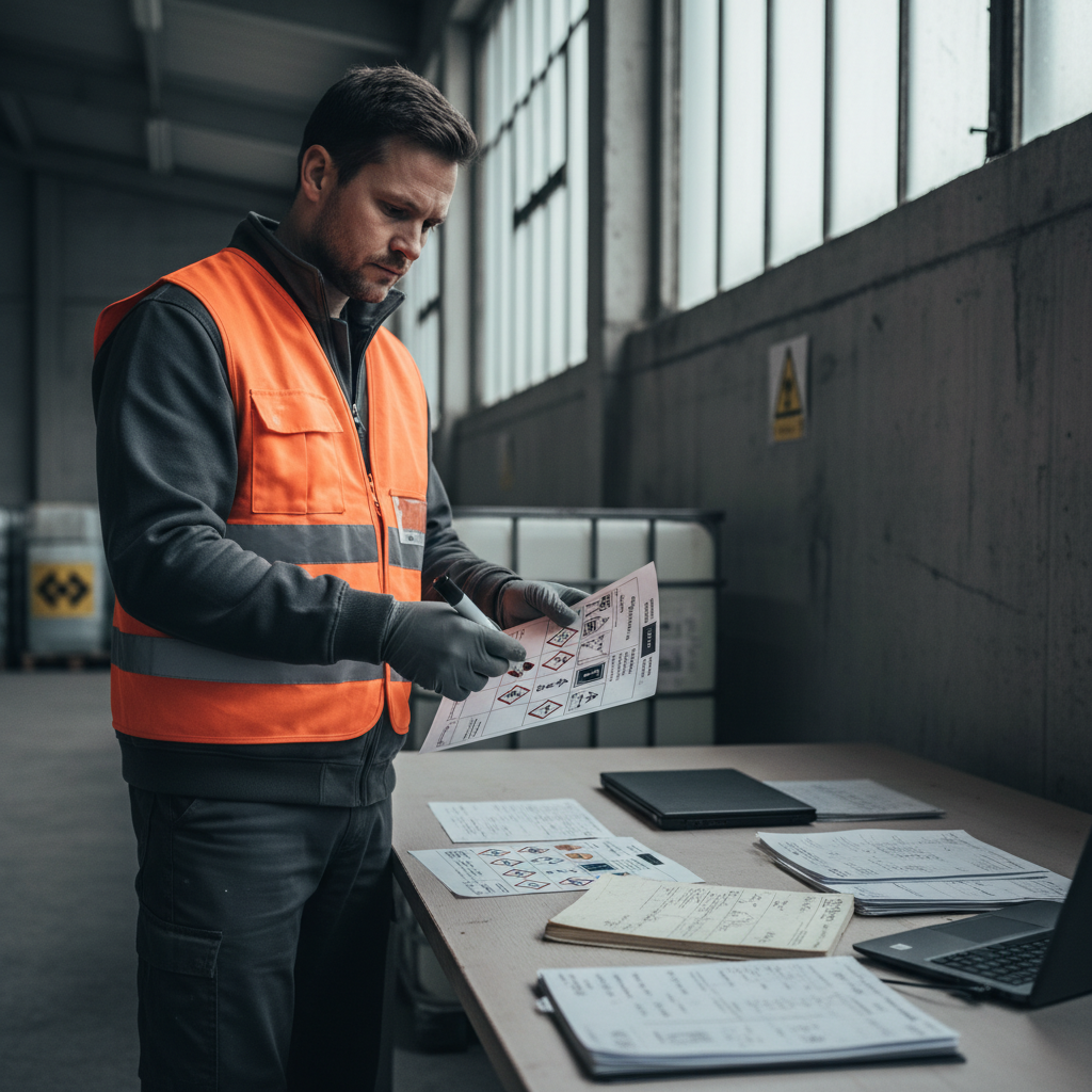 Kemikalieansvarig person som arbetar med dokumentation i industriell miljö