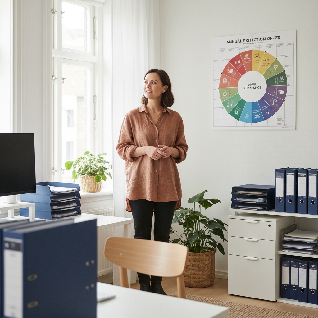 Data protection officer looking at completed GDPR annual wheel with satisfaction in bright Scandinavian office