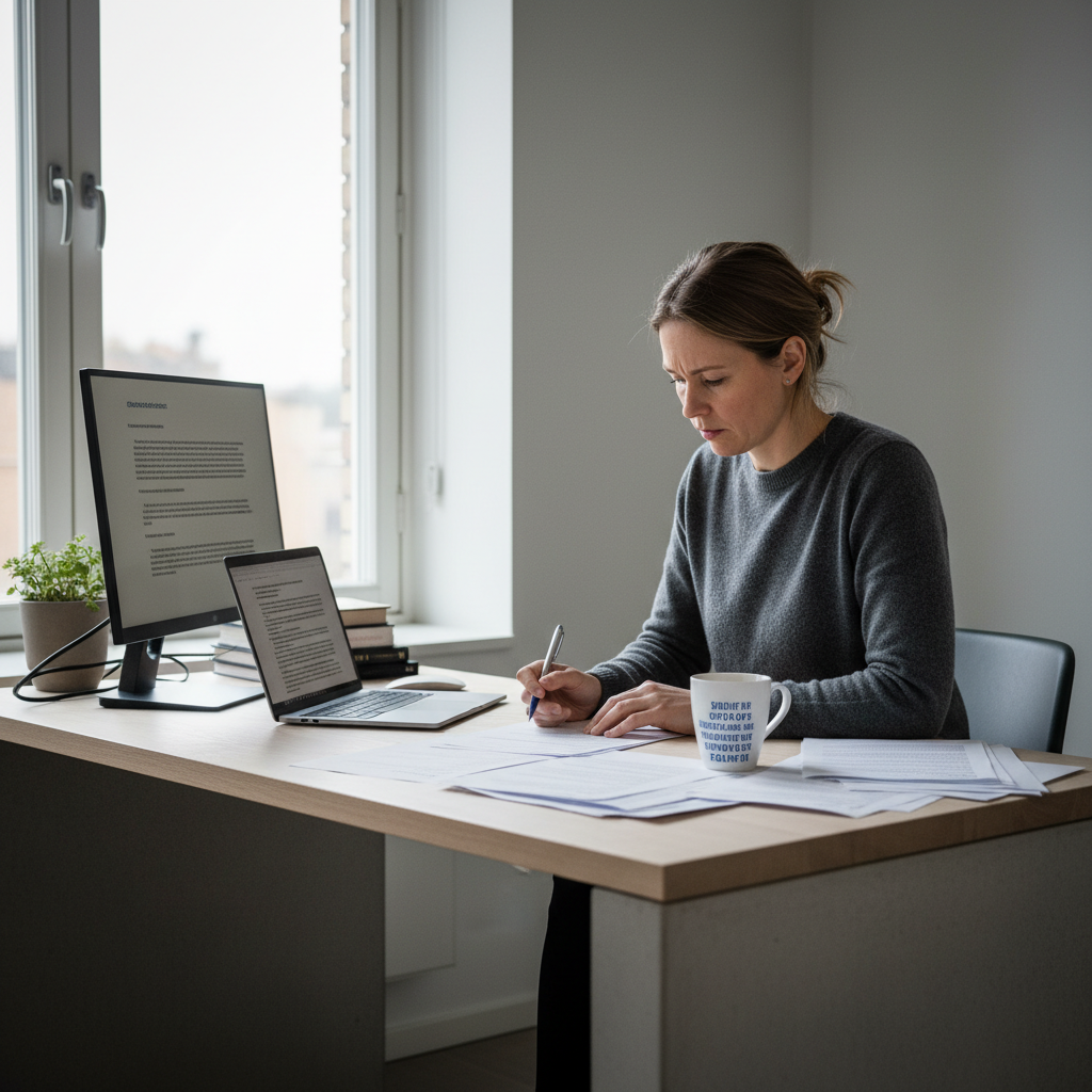 Legal compliance officer reviewing GDPR documentation in modern Scandinavian office