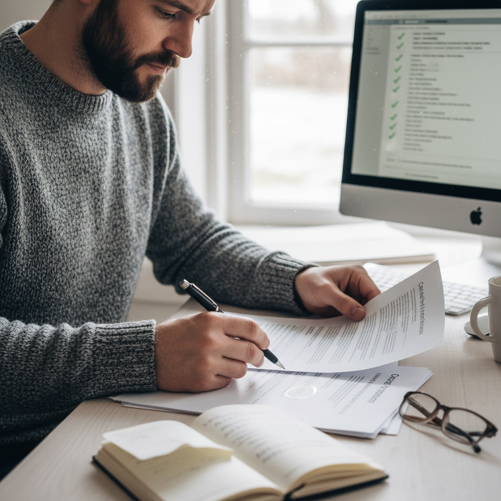 IT manager reviewing GDPR compliance documentation at Nordic office workspace