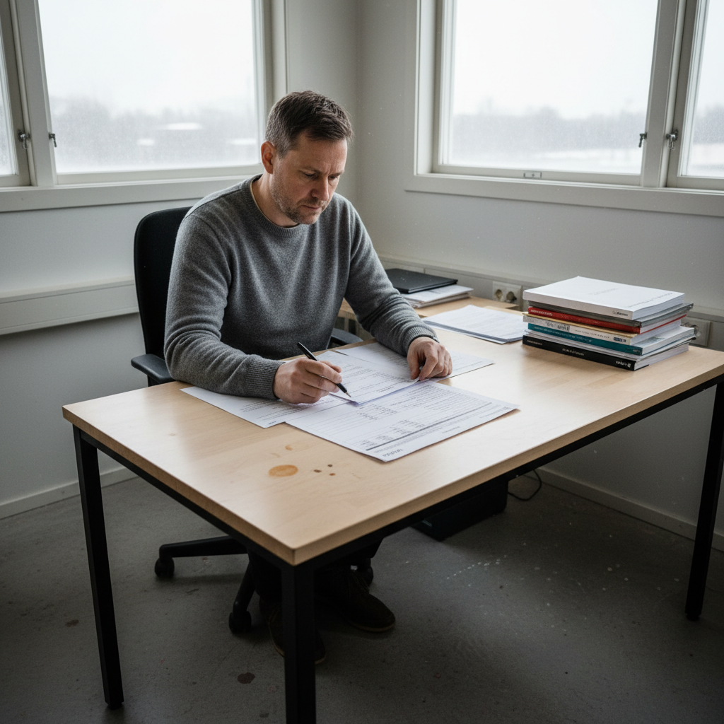 Fastighetsförvaltare som arbetar med teknisk planering i modernt kontor
