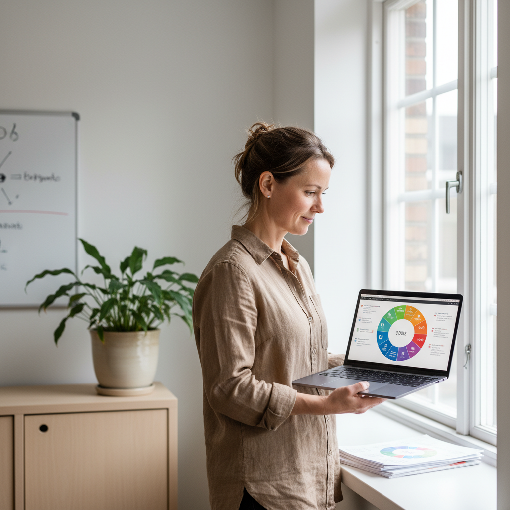 Planeringsansvarig jämför utskriven PowerPoint-mall med digitalt årshjul på laptop