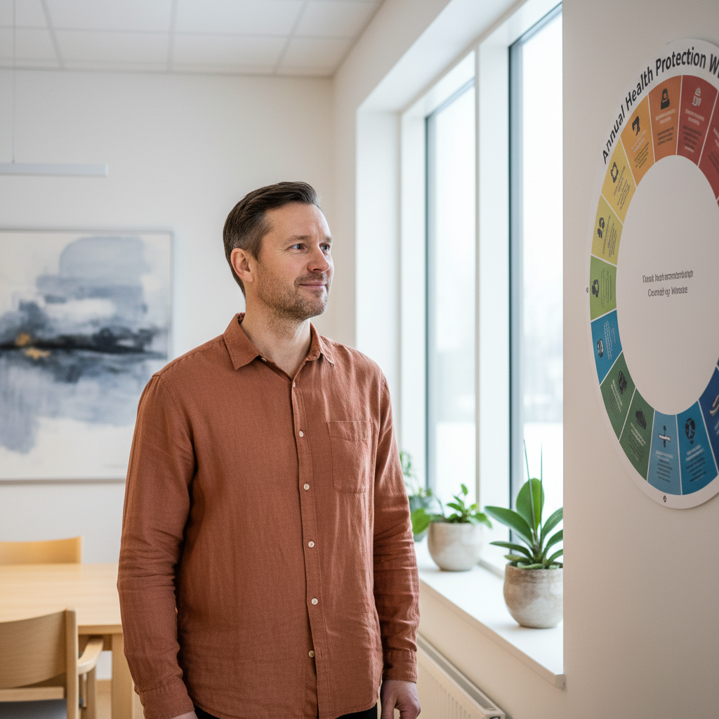 Nöjd fastighetsansvarig som tittar på sitt väl planerade hälsoskyddsårshjul