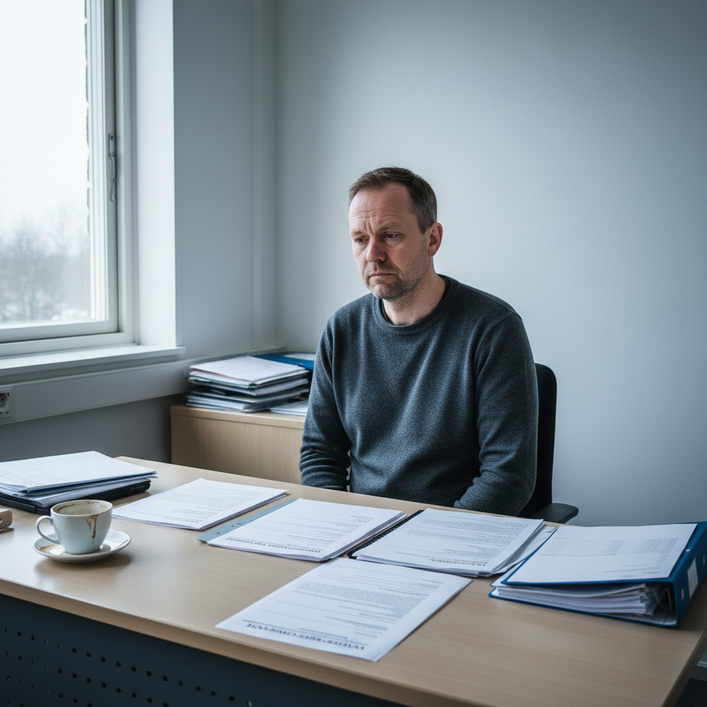 Fastighetsansvarig man som går igenom hälsoskyddsdokumentation i ljust skandinaviskt kontor