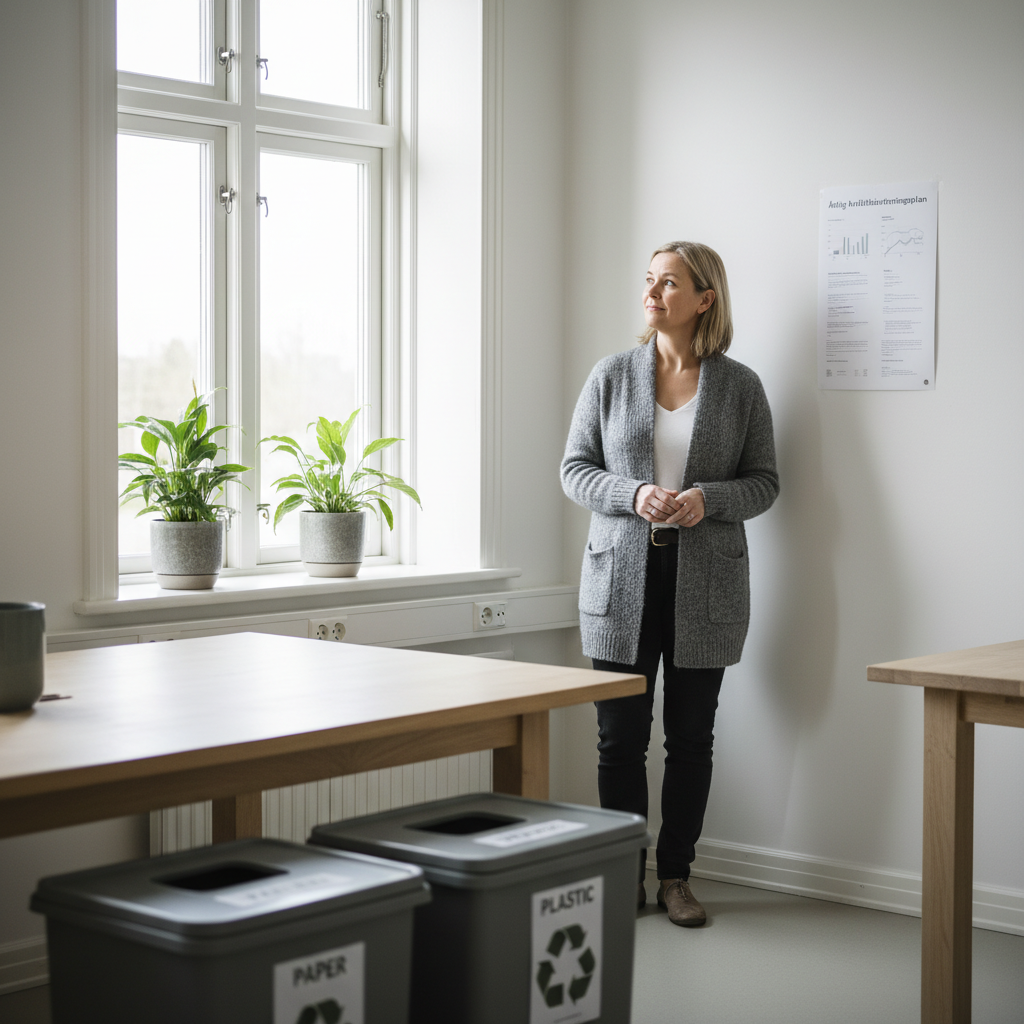 Nöjd avfallskoordinator som tittar på sitt välplanerade årshjul