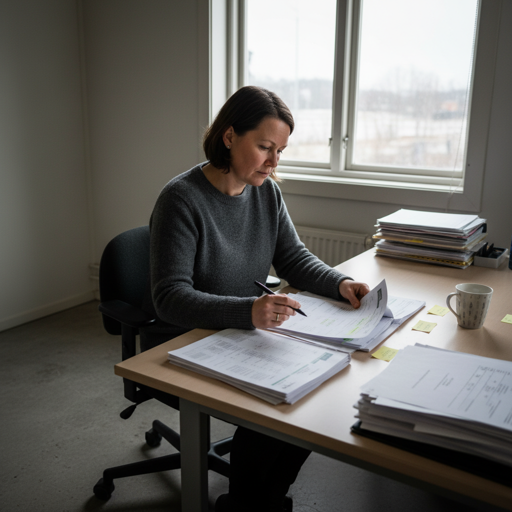 Avfallskoordinator som går igenom återvinningsplaner i ljust skandinaviskt kontor