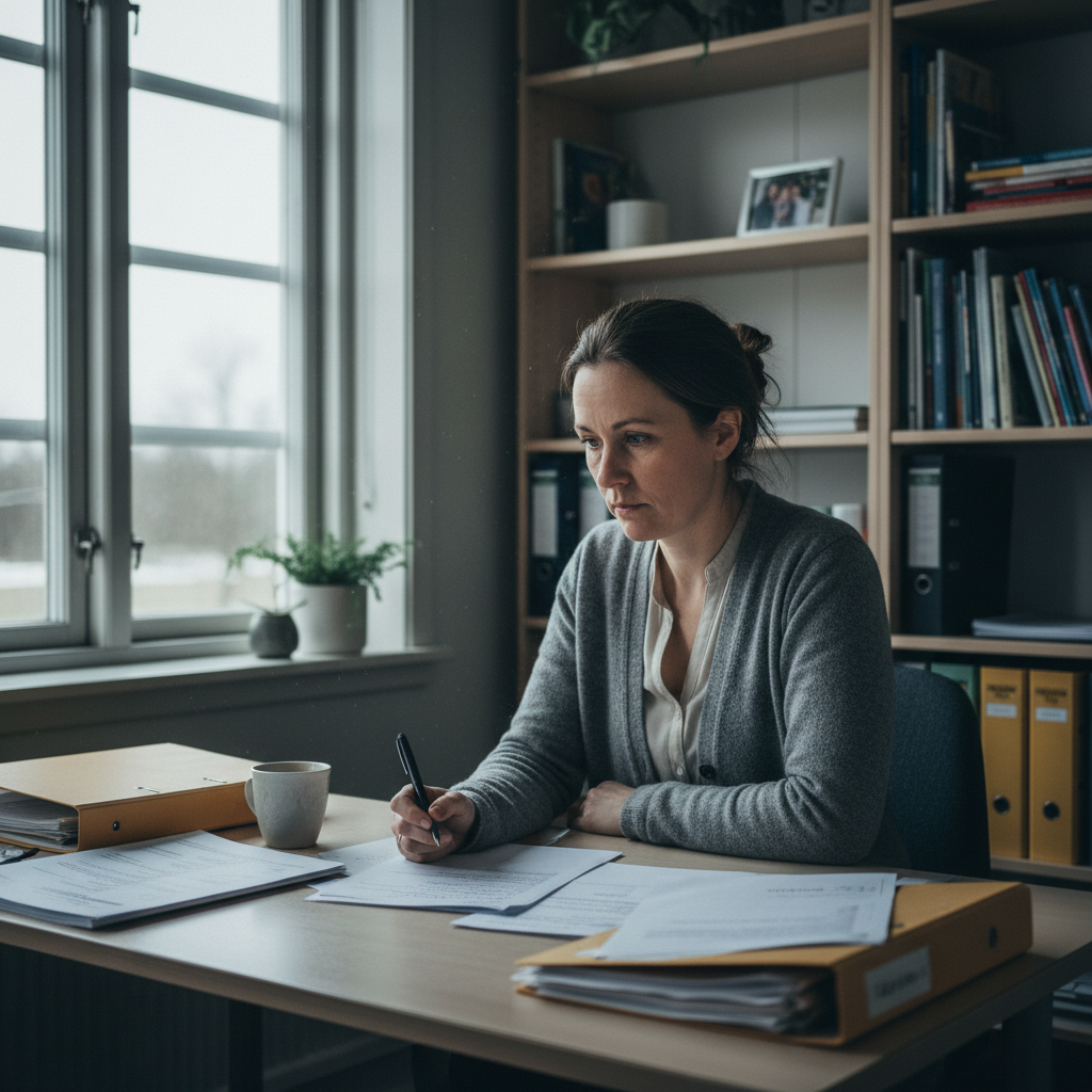 Rektor som planerar systematiskt kvalitetsarbete vid skrivbord med pärmar och laptop