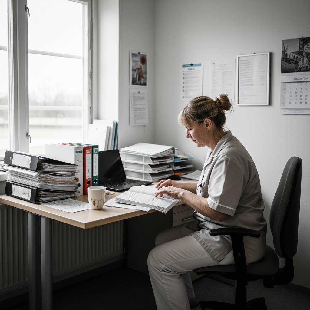 Sjuksköterska som granskar journaler och kvalitetsrutiner på äldreboende