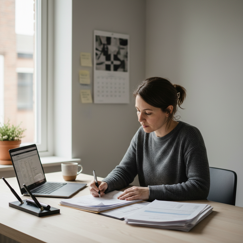 HR-chef som planerar medarbetarsamtal och lönerevision vid skrivbord