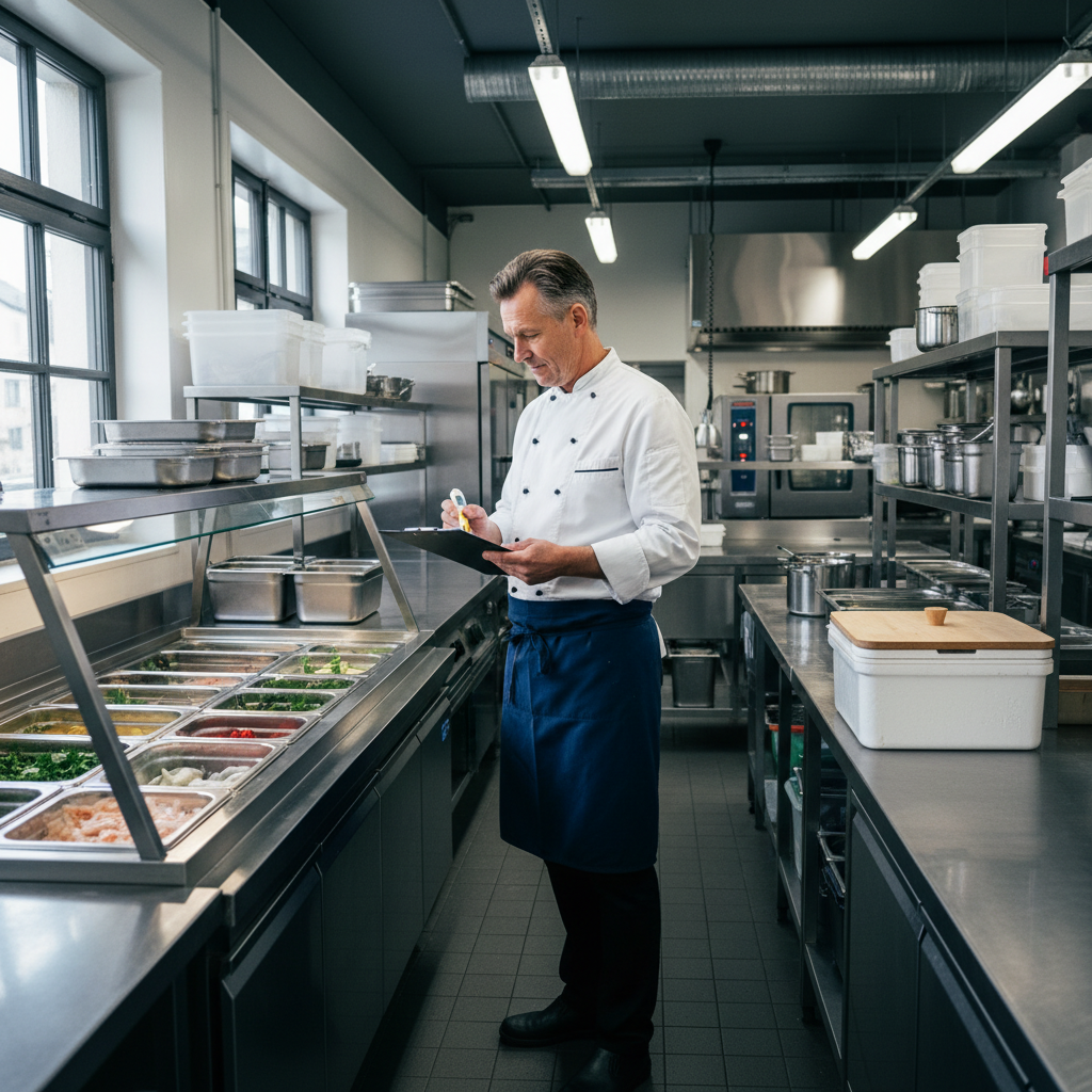 Kökschef som kontrollerar temperaturlogg i storkök