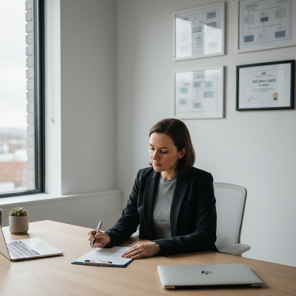 Kvalitetschef som granskar revisionsprotokoll och processkartor